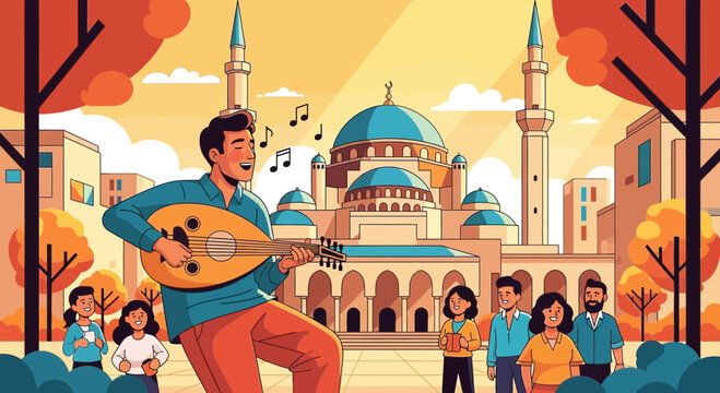 Musician playing oud in front of mosque with autumn trees.