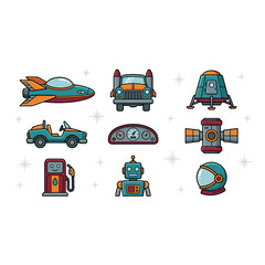 Flat Design Vector Icons of Futuristic Space Vehicles, Robots, and Equipment on White Background with Sparkle Accents © lia