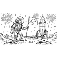 Retro Astronaut Plants Flag on Moon Surface Beside Rocket, with Saturn Flag and Fireworks, 1960s Style Line Art Illustration © lia
