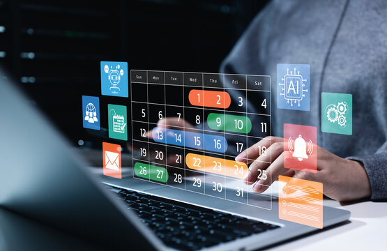 AI Scheduling Calendar and Workflow Automation System Concept. Person using digital planner, task reminder, chatbot assistant, automation tools, workflow planning, smart productivity management system