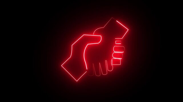 Red neon handshake glow in dark space