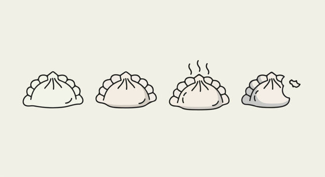 Set of hand drawn dumpling illustrations in different states.