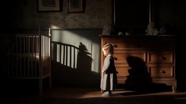 Toddler stands near a crib in a dark bedroom.