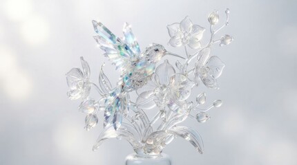 Fototapeta premium Crystal hummingbird figurine with glass flowers
