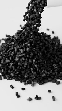 Black polypropylene plastic granules pouring from a cup onto a resin pellet pile on white background, 3D render dynamic Vertical video.