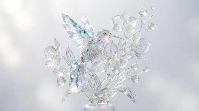 Crystal hummingbird figurine with glass flowers