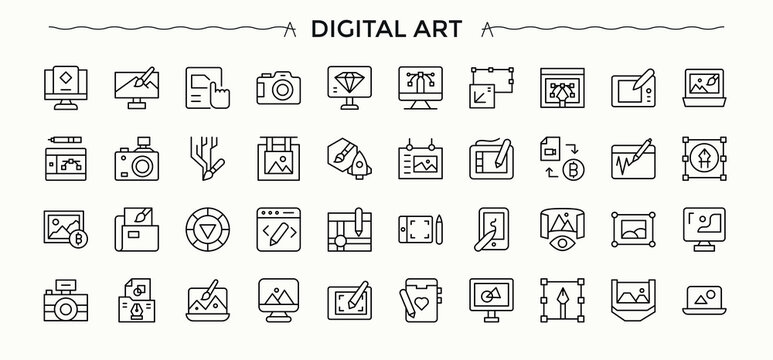 Digital Art simple icon set. Icons for UI designs. Contains such symbols as sketching, painting, designer, artwork, draw. Editable vector stroke. Draw icon collection.
