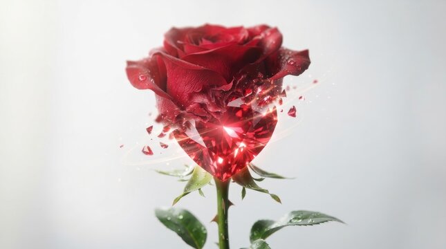 Red rose flower transforming into a heart-shaped gemstone