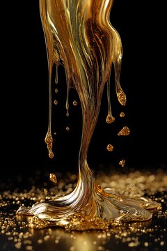 Liquid gold flows onto a dark surface.