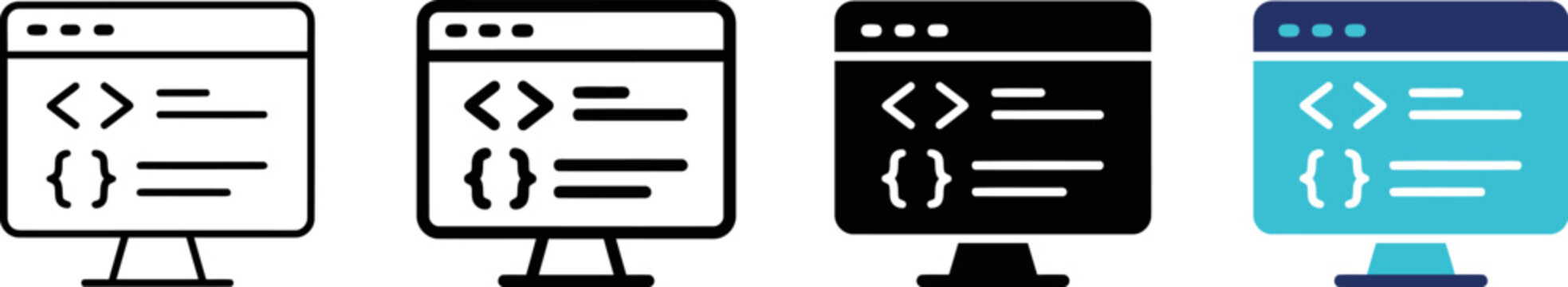 Programming code icon set, web development browser window vector, software engineering and coding symbols in outline and flat styles Ediable path.
