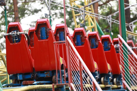 Roller Coaster Cars on Track in Amusement Park