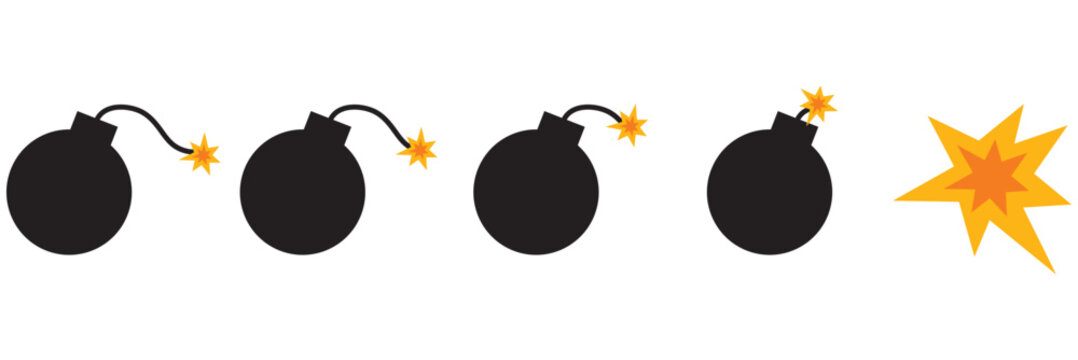Bomb icon. Boom symbol. Explosion sign. Bomb detonation vector illustration. Explosive bomb ball cartoon pictogram. Attack and destruction isolated concept. Flat game bomb fuse silhouette.
