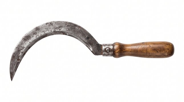 Antique hand sickle with wooden handle on white background