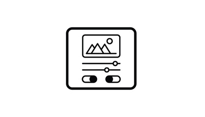 Fototapeta premium Minimalist black outline icon of photo editing settings showing adjustment sliders and a scenic landscape image.