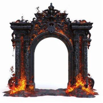 Ancient stone archway burning in a hellscape of fire and brimstone