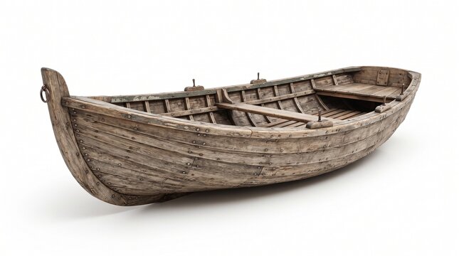 Vintage wooden rowboat isolated on white background
