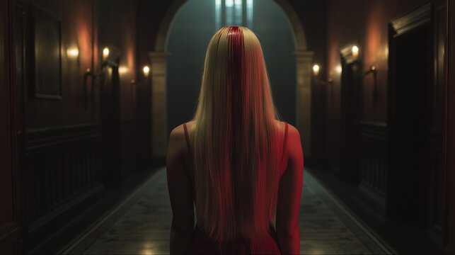 Woman stands in a dimly lit hotel corridor.