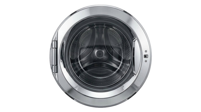 Modern front load washing machine drum front view, cut out, stock png, isolated on transparent background