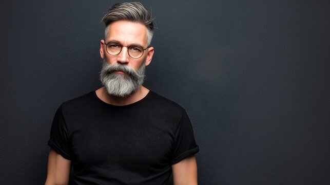 Man with a gray beard wears black clothing.