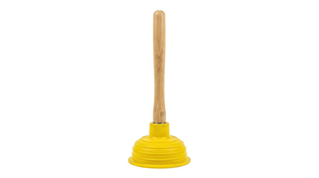 A yellow rubber plunger with a wooden handle for unclogging drains, cut out, stock png, isolated on transparent background