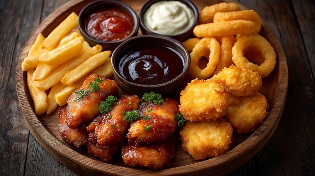 Appetizer platter features fried snacks and dips.