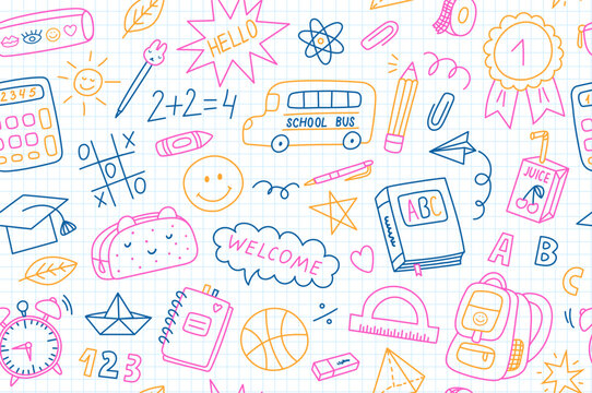 Hand drawn colorful back to school doodle seamless pattern, vector