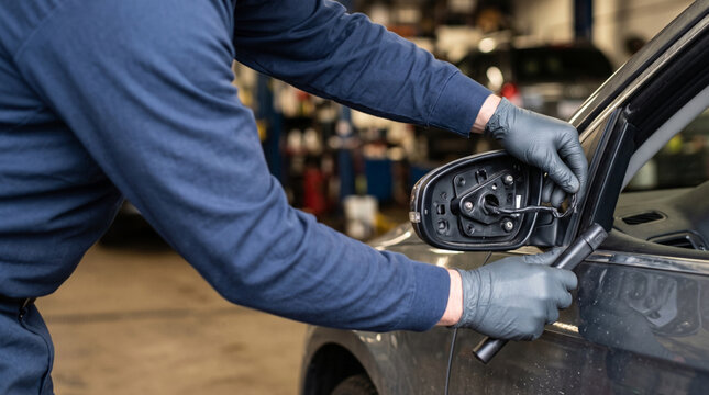 Mechanic Installing Replacement Side Mirror on Passenger Car