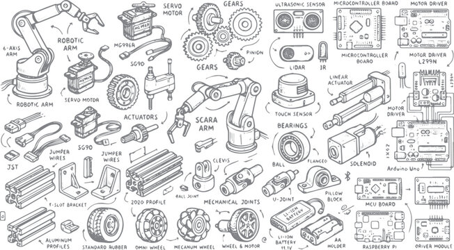 Robotics Components arranged neatly in a technical blueprint style with labels for engineering projects