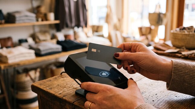 Customer making contactless payment with credit card at retail store checkout
