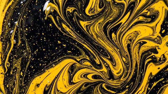 Fluid marbling art with golden yellow and black swirls