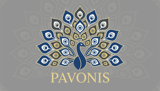 Elegant peacock logo with a majestic open fan tail and text reading Pavonis against a soft gray circular background.