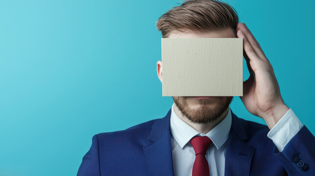 Headless man in suit holding blank board in front of his face, conveying sense of mystery and creativity