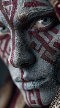 Warrior wears traditional tribal face paint.