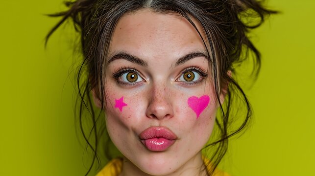 Girl makes a kissy face with face stickers.