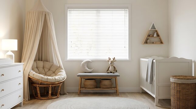Cozy neutral nursery room with crib and papasan chair