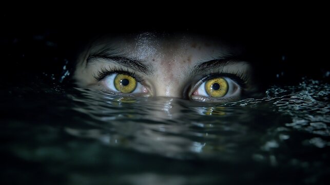 Woman emerges from dark water with yellow eyes.