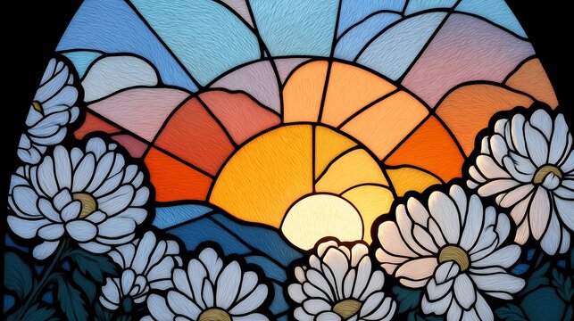 Stained glass shows a bright sunset.