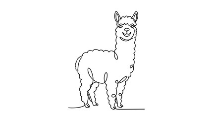 Continuous single line drawing of a cute fluffy llama standing. © sasa