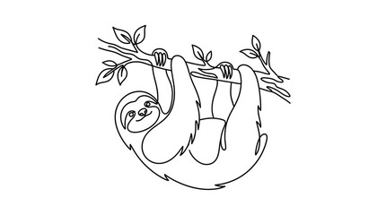 Continuous line drawing of a cute sloth hanging from a tree branch. © riski