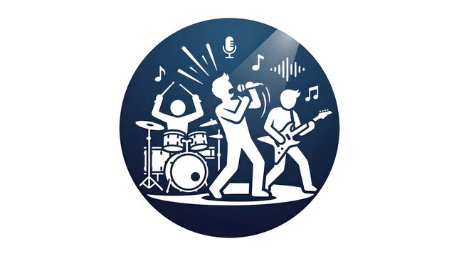 Rock band performing live with singer guitarist and drummer isolated on transparent background