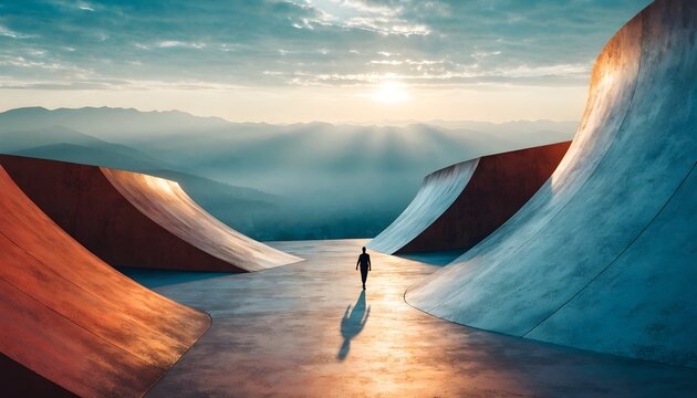 Lone figure walks on a concrete platform between curved structures at sunset
