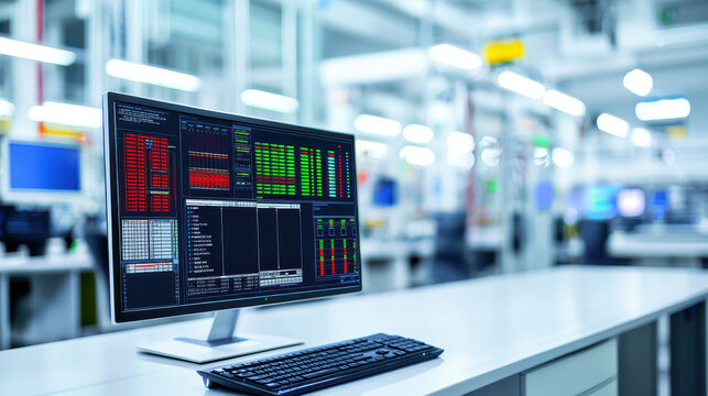 High tech computer monitor displaying data analytics and performance metrics in modern workspace, showcasing advanced technology and productivity