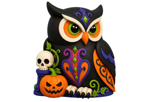 Halloween owl figurine with pumpkin and skull