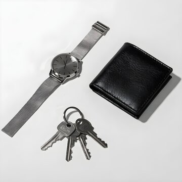Silver mesh watch, black leather wallet, and keys on white surface
