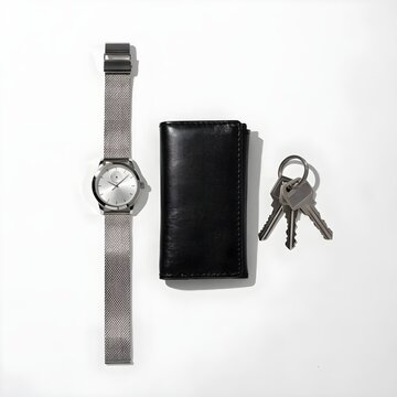 Silver wristwatch, black wallet, and keys arranged on a white surface