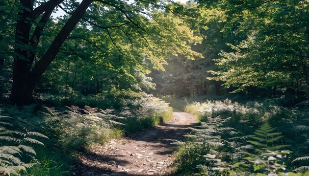 Sunlit forest path winding through ferns and trees
