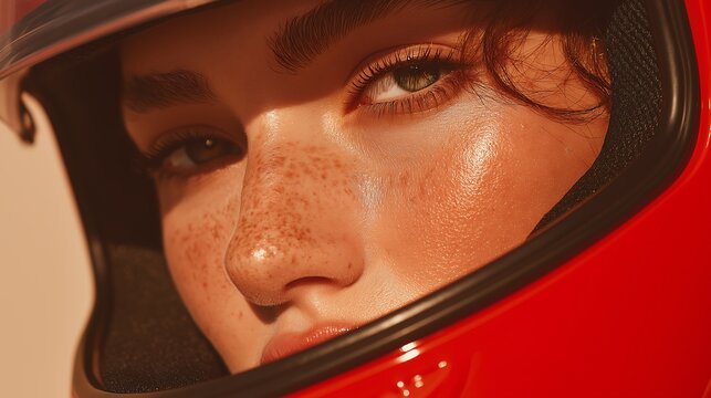 Racer wears a protective red helmet safely.