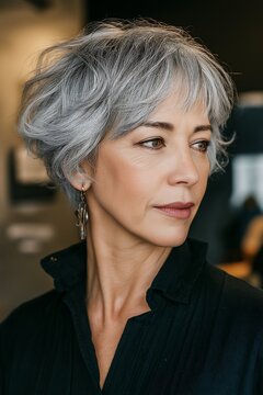Woman with short grey hair looks away.