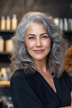 Woman with silver hair smiles at the camera.