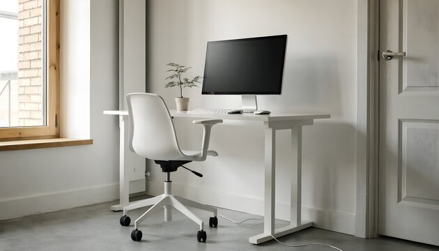 White desk with computer and chair in a bright room